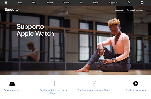 Screenshot della pagina Web del supporto per Apple Watch