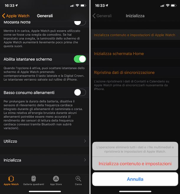 Screenshot che mostra come inizializzare Apple Watch da iPhone