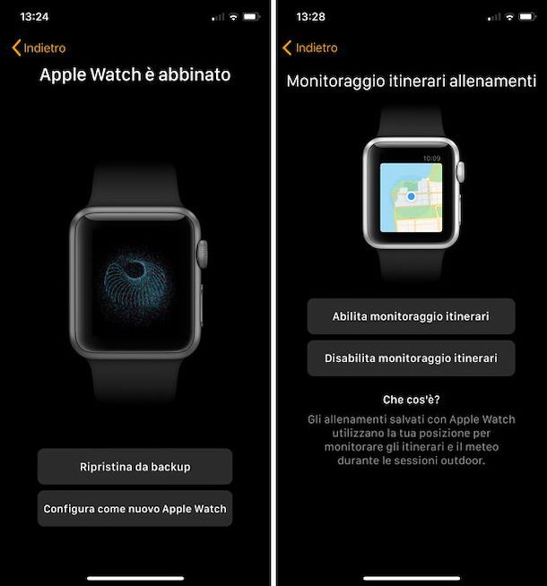 Screenshot che mostra come configurare l'Apple Watch dopo averlo inizializzato