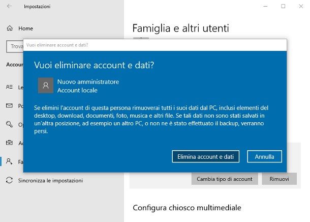 Eliminare account amministratore Windows 10