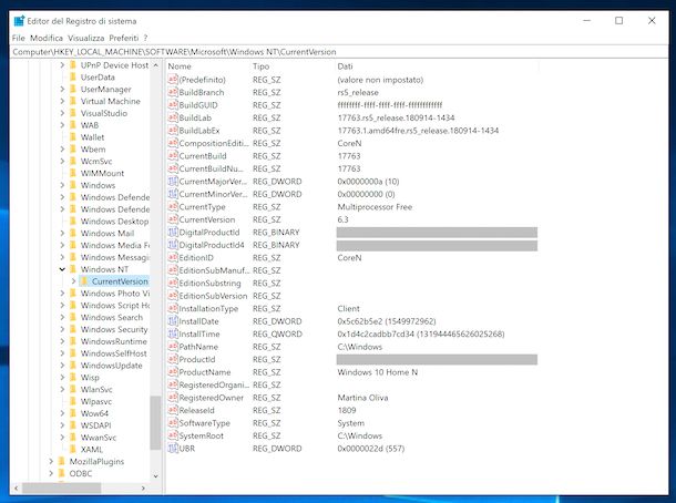 Trovare il Product Key di Windows 10 dal Registro di sistema
