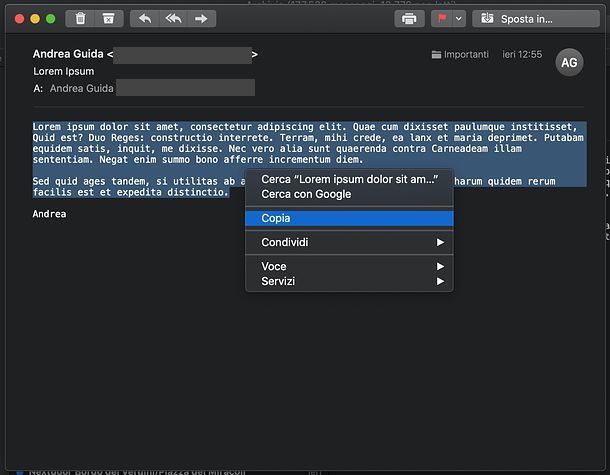 Copia testo Mail macOS
