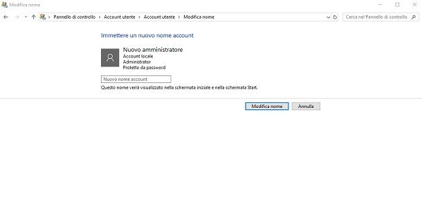 Cambiare nome account locale amministratore Windows 10