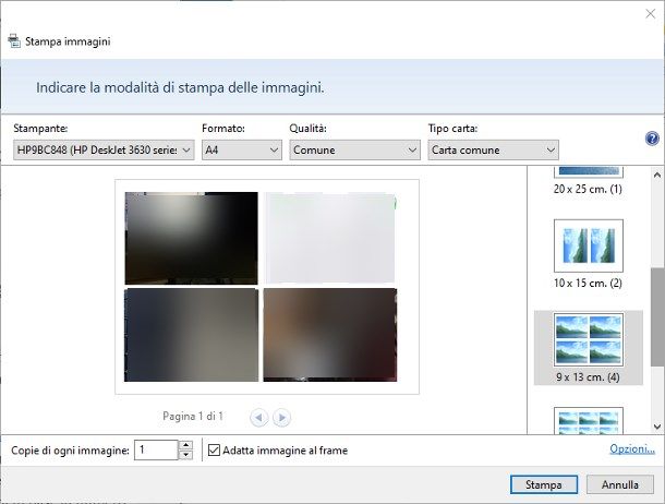 Stampare più foto sullo stesso foglio con Windows