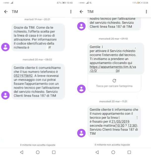 SMS per appuntamento tecnico TIM