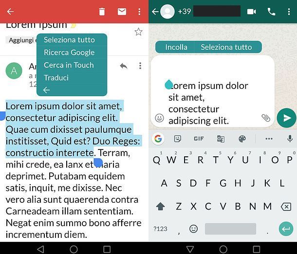 Inoltrare testo mail su WhatsApp per Android