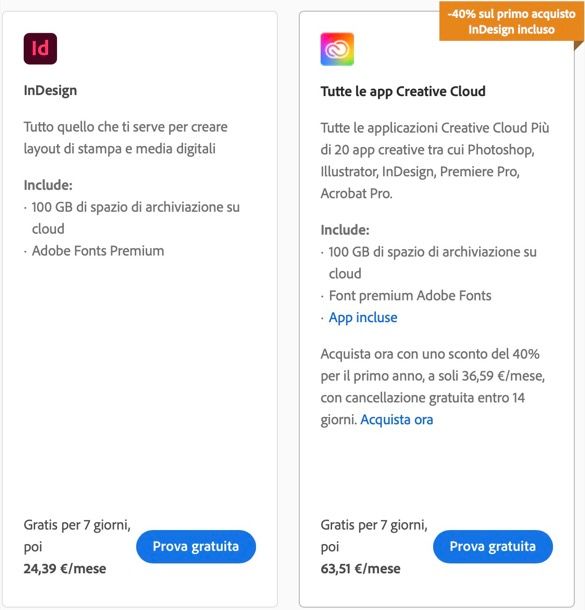Prezzi di InDesign
