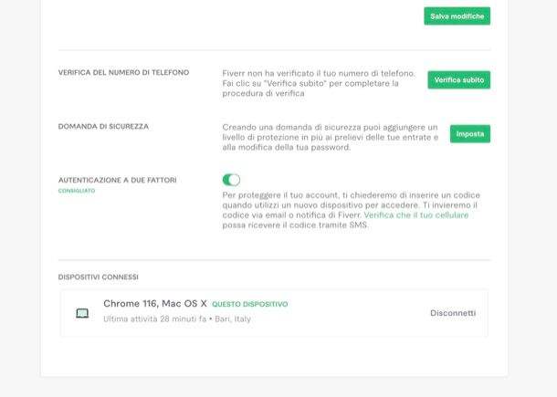 Impostare sicurezza account Fiverr