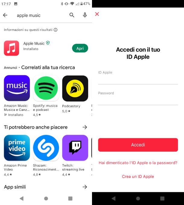 Accesso ad Apple Music su Android