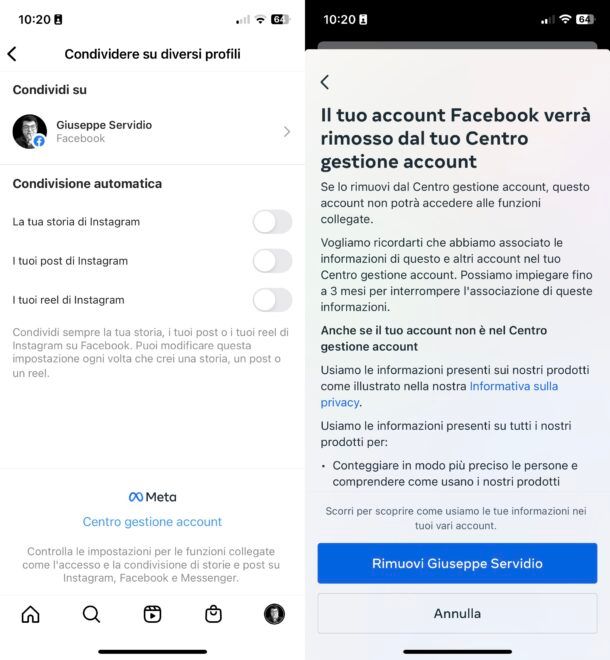 Disconnettere Facebook da Instagram