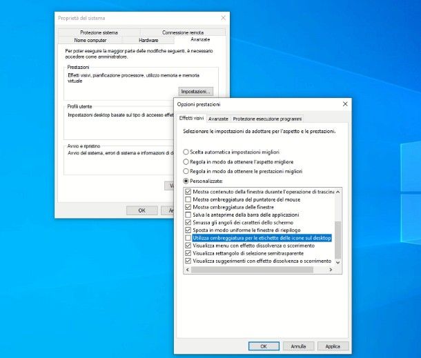 Come togliere ombreggiatura icone desktop Windows 10