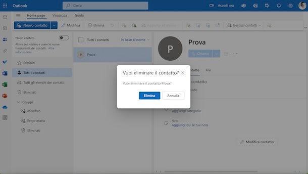 Eliminare un contatto da Outlook