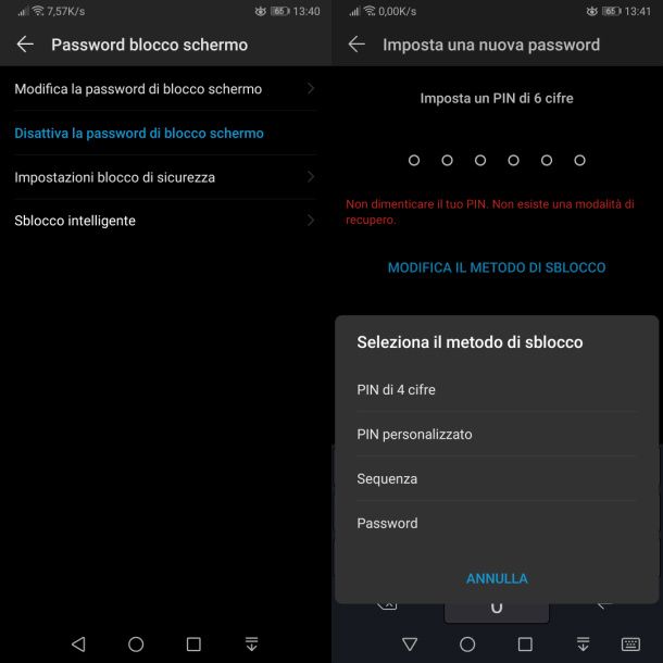 Come cambiare tipo di blocco schermo su HUAWEI