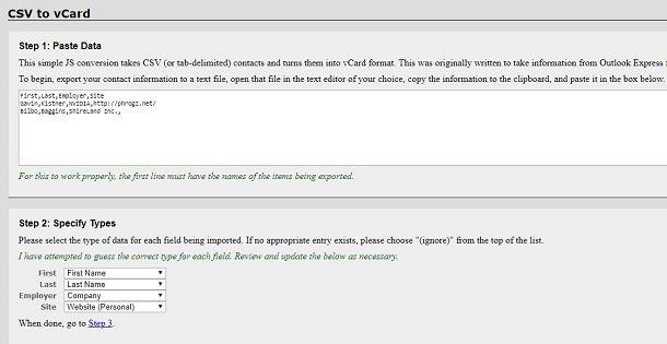 Conversione online dei file CSV in vCard
