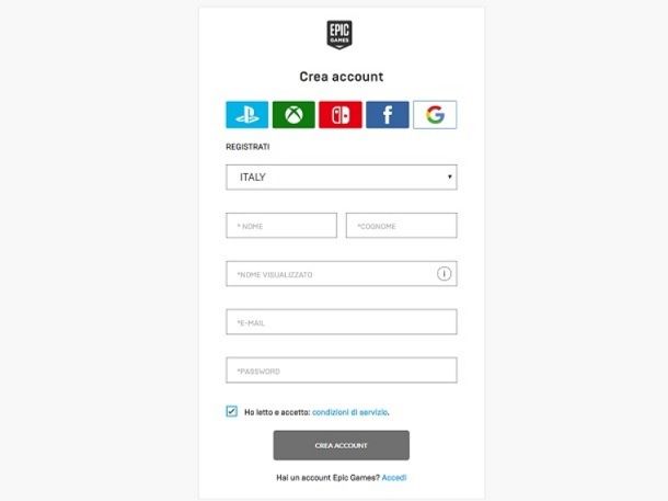 Crea account Epic Games
