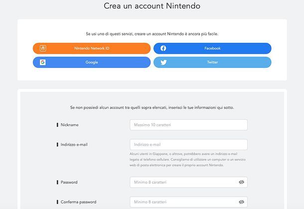 Creazione account Nintendo