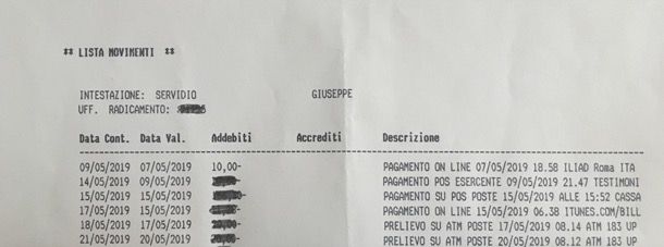 Lista movimenti cartacea Postepay