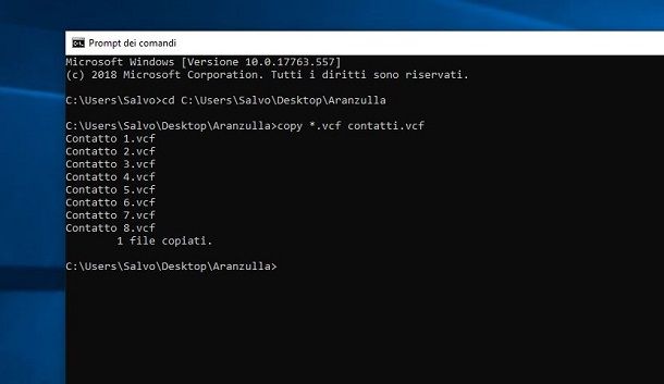 Windows creazione file vCard con Prompt dei comandi