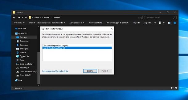 Windows esportazione dei contatti in vCard