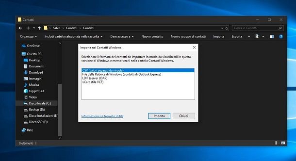 Windows importazione dei contatti in CSV