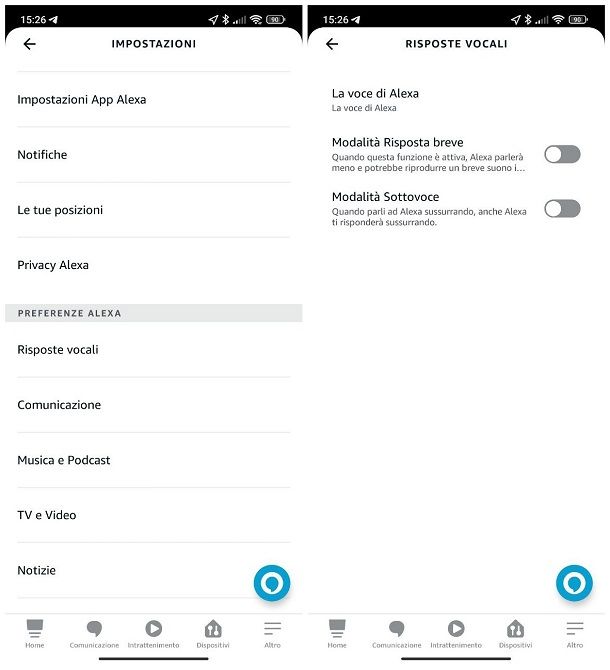 Attivare le modalità Risposta breve e Sottovoce