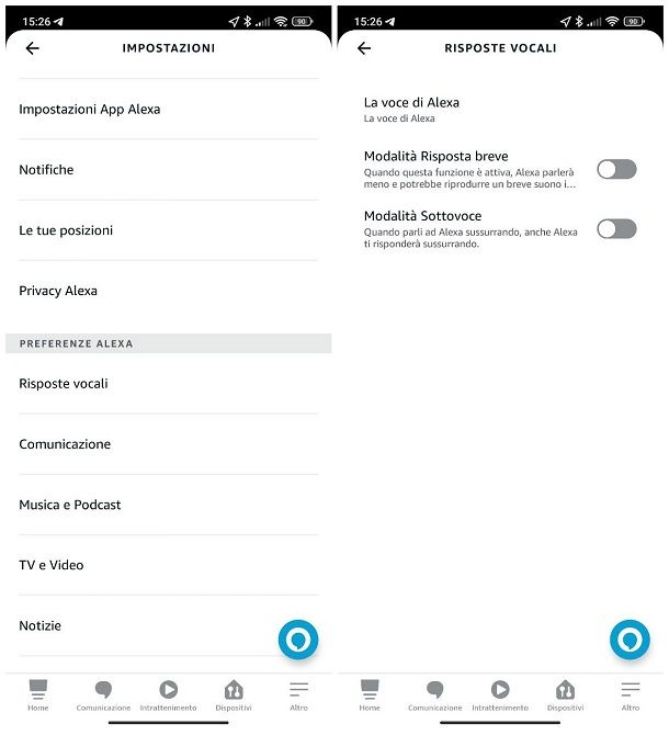 Attivare le modalità Risposta breve e Sottovoce