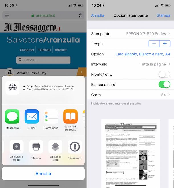 Screenshot che mostra come stampare in bianco e nero con Epson da iOS