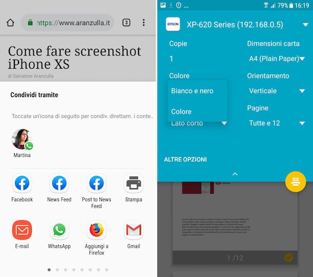 Screenshot che mostra come stampare in bianco e nero con Epson da Android