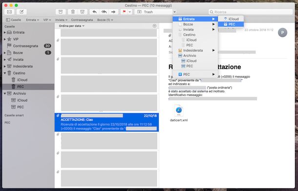 Cestino PEC email Mac