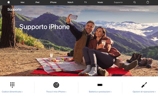 Screenshot della pagina Web dedicata al supporto per iPhone
