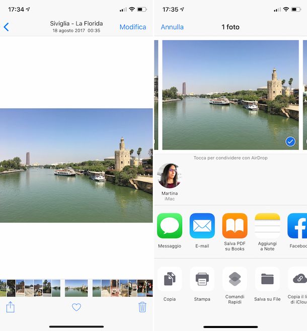 Screenshot che mostra come condividere contenuti con AirDrop