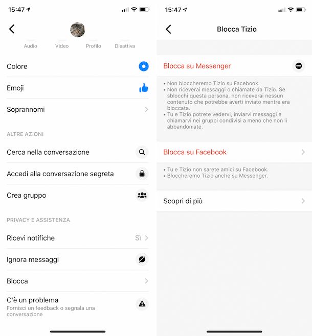 Blocco contatti su Messenger