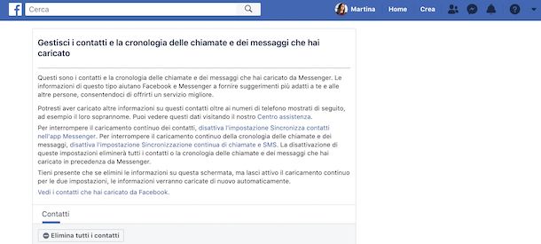 Cancellazione elenco contatti Messenger da Facebook