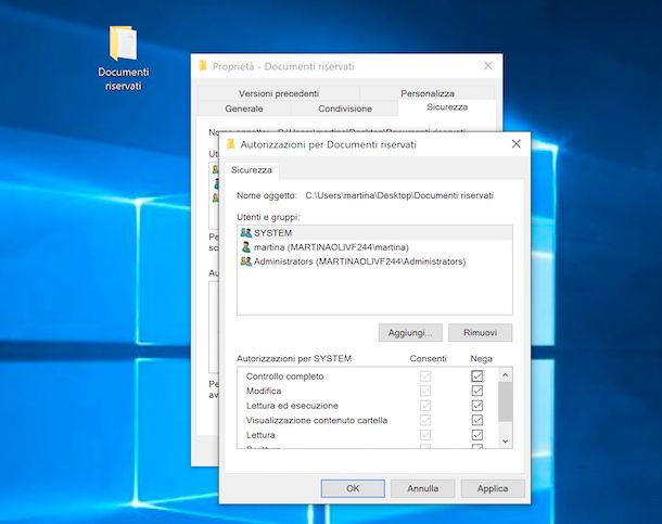 Modifica permessi lettura e scrittura cartella Windows