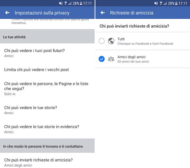 Impostazioni privacy Facebook Android