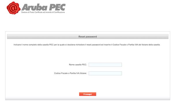 Screenshot che mostra come recuperare la password della PEC Aruba