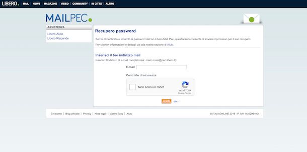 Screenshot che mostra come eseguire il reset della password con la PEC Libero