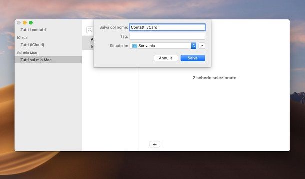 macOS esportazione dei contatti in vCard