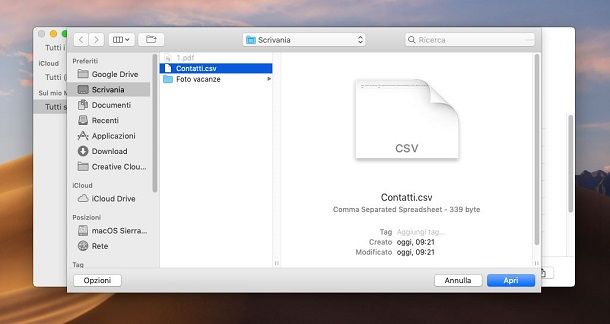 macOS importazione dei contatti in CSV