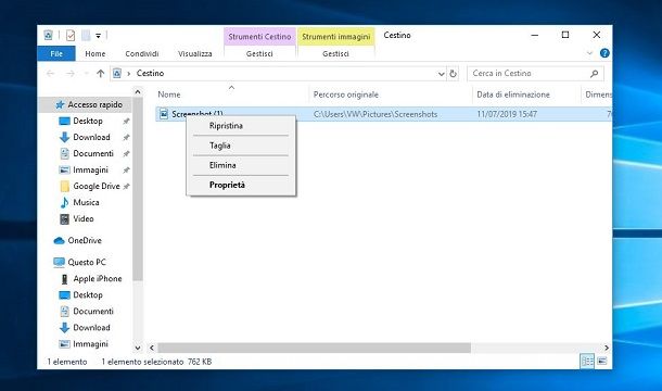 recuperare screenshot dal Cestino di Windows