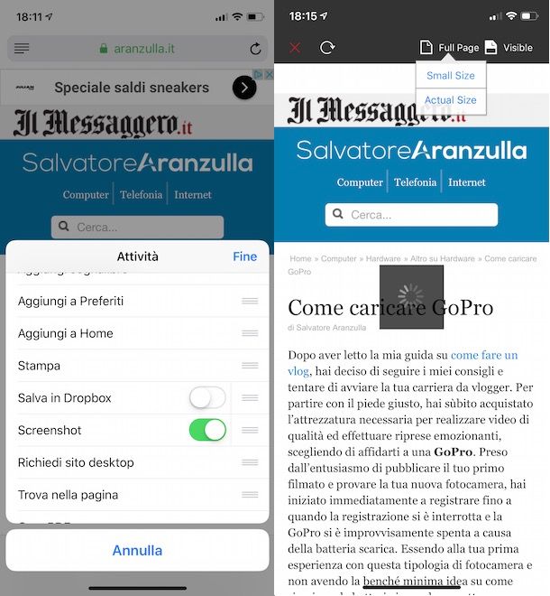 Screenshot pagine Web iPhone
