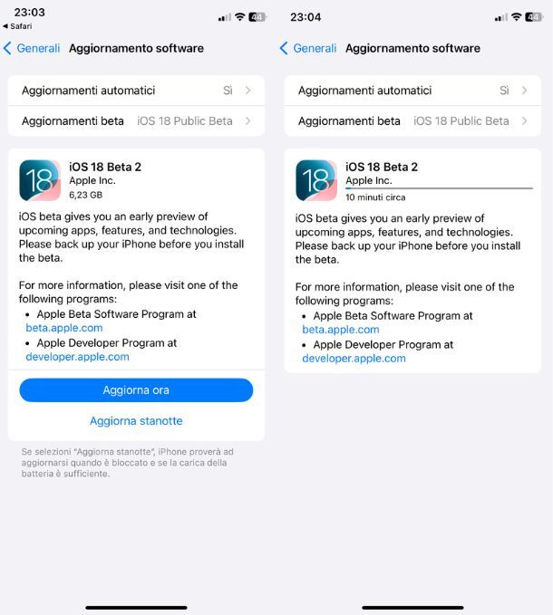 Aggiornamento Beta iOS
