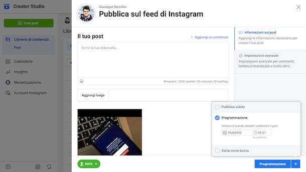 Programmare un post Instagram con Creator Studio