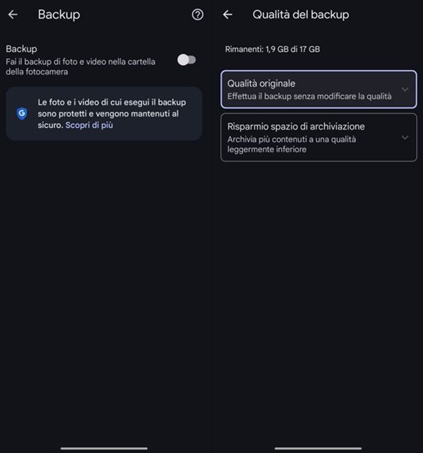 Come fare backup Google Foto Android