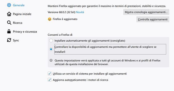 Impostazioni aggiornamenti Firefox