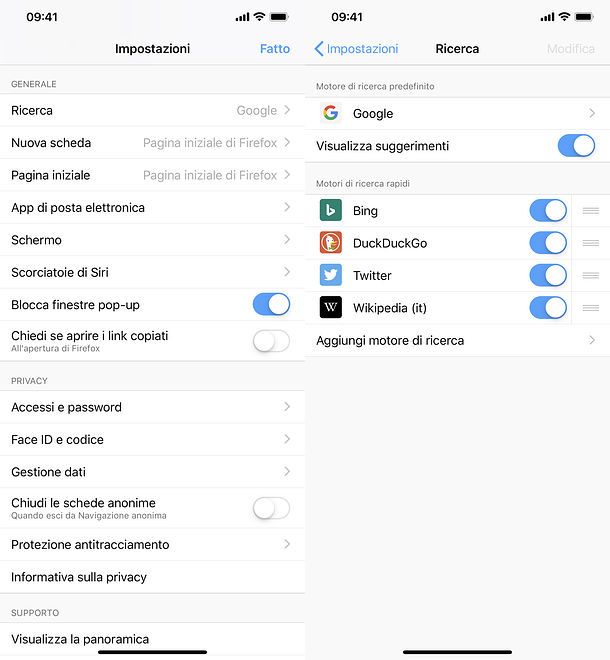 Motore di ricerca Firefox su mobile