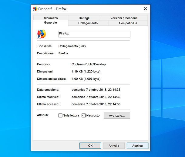 Impostare icona nascosta su Windows