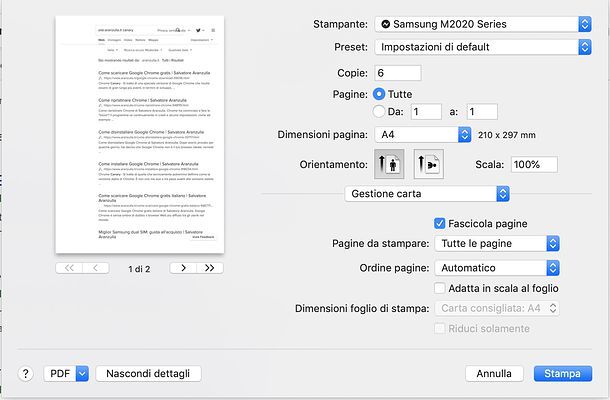 Pannello di stampa macOS