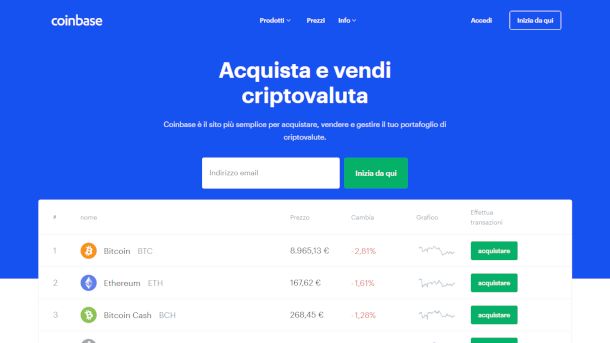 Schermata di Coinbase