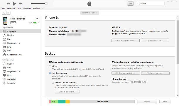 Creare il backup con iTunes